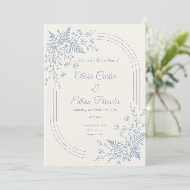 Convite de Casamento Neutro Azul Poeirado Moderno (Em pé/Frente)