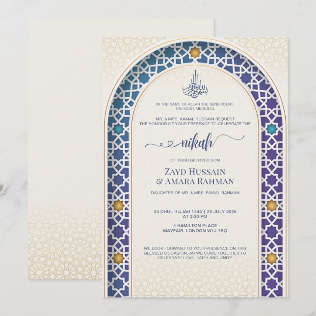 Convite de Casamento Nikah Elegante – Arco Azul-Ce (Frente/Verso)