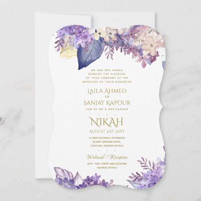 CONVITE DE CASAMENTO NIKAH - Walimah Purple Floral (Frente)