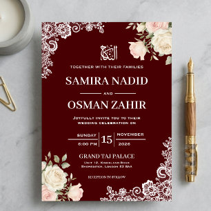 Convite de Casamento Nikkah Burgundy Floral Branco