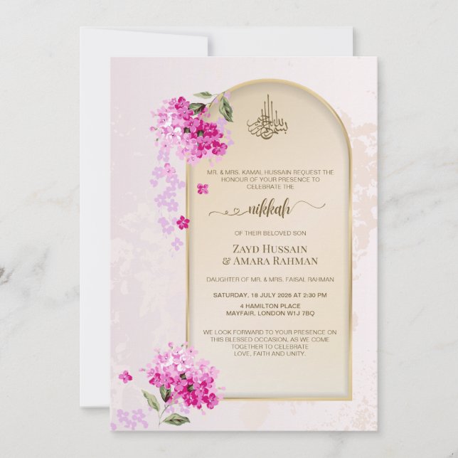 Convite de Casamento Nikkah de Luxo | Hortênsias (Frente)