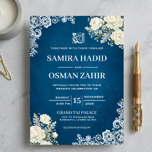 Convite de Casamento Nikkah Muçulmano Floral Azul
