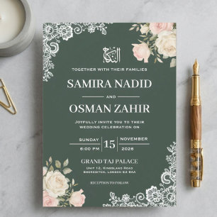 Convite de Casamento Nikkah Muçulmano Floral Verde