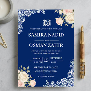 Convite de Casamento Nikkah Muslim Azul Real Flora