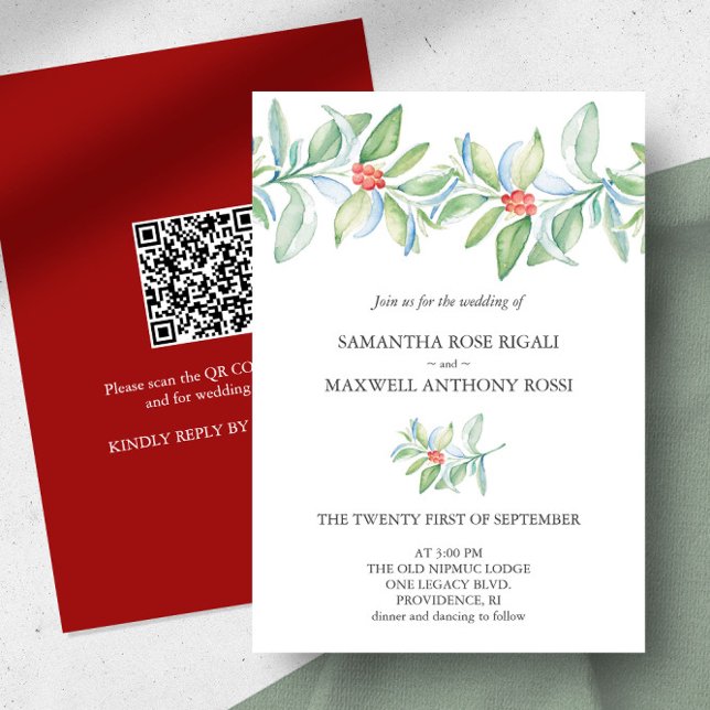 Convite de casamento no inverno com Código QR (Christmas wedding invitation watercolor botanical art by Victoria Grigaliunas of Do Tell A Belle)