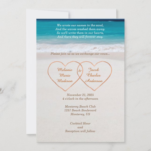 Convite de Casamento Nomes em Corações na Praia (Frente)