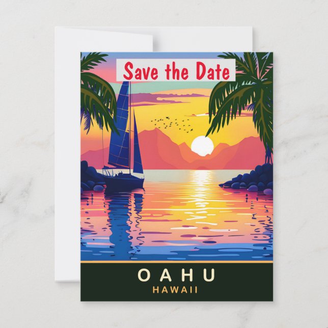 Convite de Casamento Oahu Hawaii Palma Pôr do Sol  (Frente)