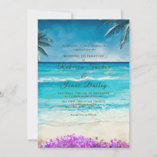 Convite de Casamento Oceano Azul Praia Aquarela