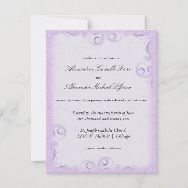Convite de casamento Oficial Lilac Scrollwork (Frente)