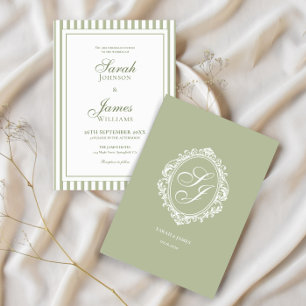 Convite de Casamento Old Money Monograma Verde Sal