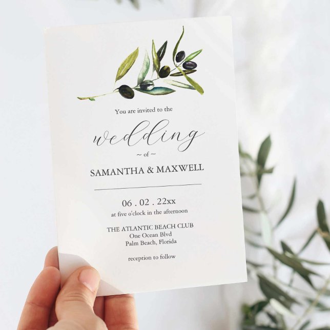 Convite de Casamento Oliva com Código QR para RSVP (Wedding invitations to buy with watercolor olive branch art by Victoria Grigaliunas Do Tell A Belle)