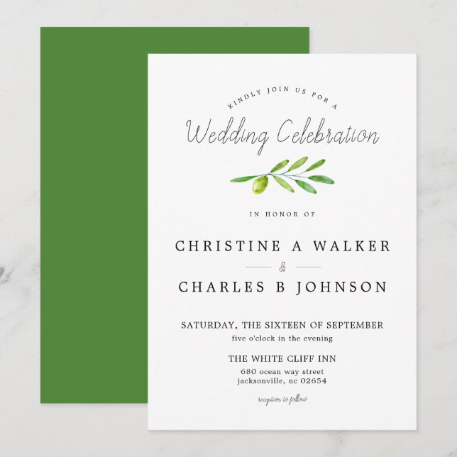 Convite de casamento Olive Branch Script Classic W (Frente/Verso)