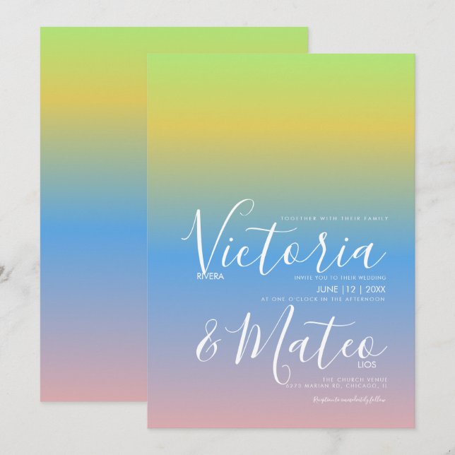 Convite de Casamento Ombre Arco-íris Amarelo Azul  (Frente/Verso)