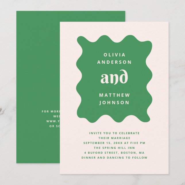 Convite de Casamento Ondulado Moderno Verde | Códi (Frente/Verso)