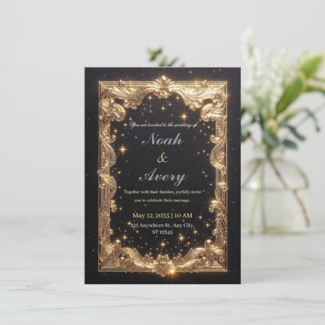 Convite de Casamento Opulento Preto Fosco e Dourad (Em pé/Frente)