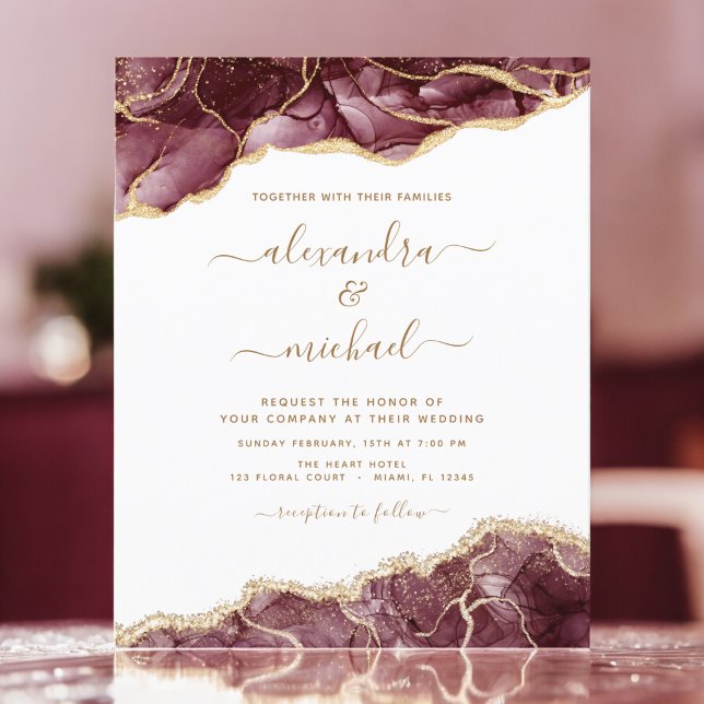 Convite de Casamento Orçamento Ágata Borgonha Dour (Criador carregado)