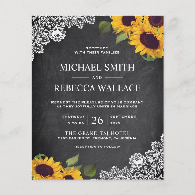 Convite de Casamento Orçamento Chalkboard Girassol (Frente)