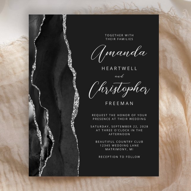 Convite de Casamento Orçamento Preto Prata Ágata A (Criador carregado)