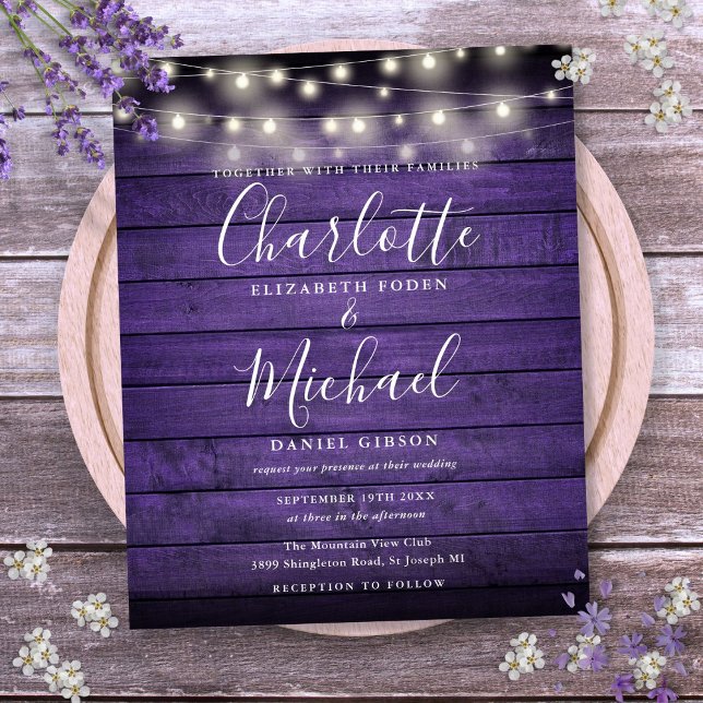 Convite de Casamento Orçamento Roxo Rústico Luzes (Budget Purple Rustic Lights Wedding Invitation)
