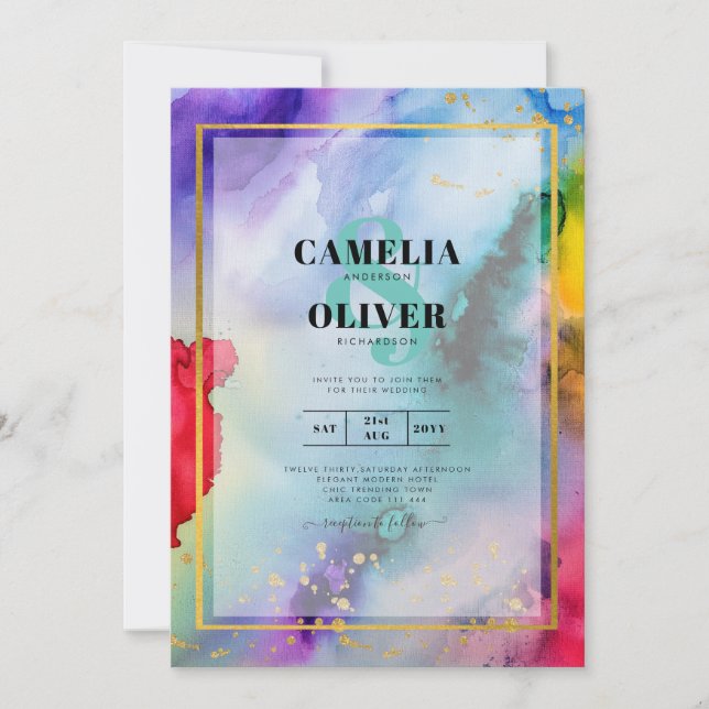 CONVITE DE CASAMENTO ORGULHO ARCO-ÍRIS Tinta LeahG (Frente)