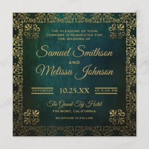 Convite de Casamento Oriental Vintage Verde Dourad