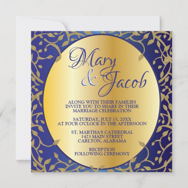 Convite de casamento ornamentado em azul real e do (Frente)