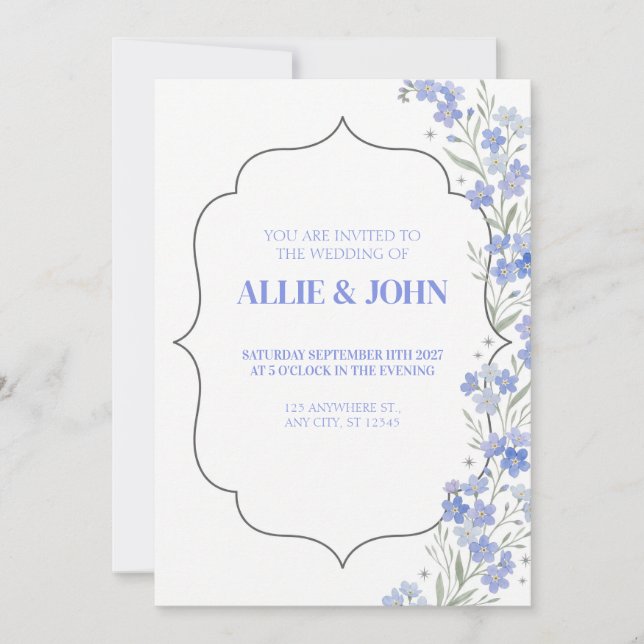 Convite de Casamento Ornamentado Periwinkle Forget (Frente)