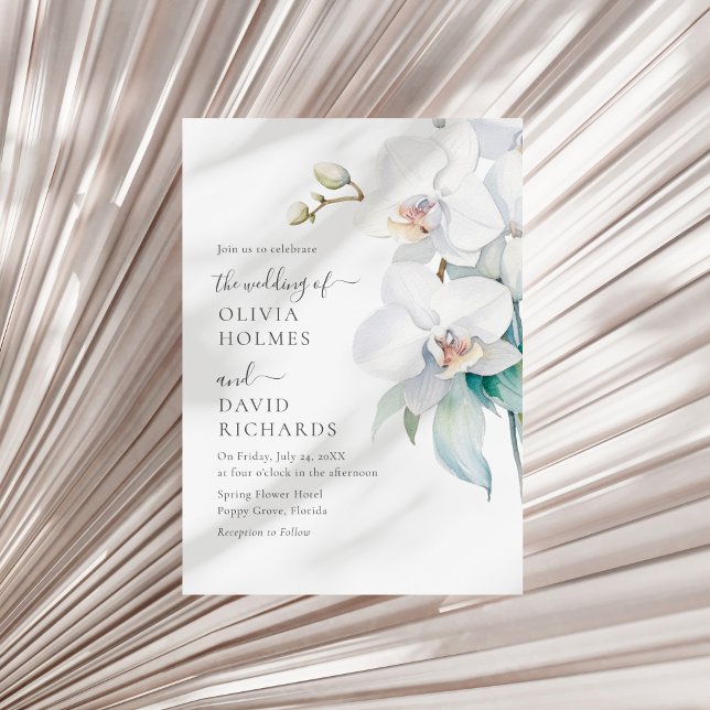 Convite de casamento Orquídea Branca Moderno Elega (Modern Elegant White Orchid Wedding Invite on a white dry palm leaf.)