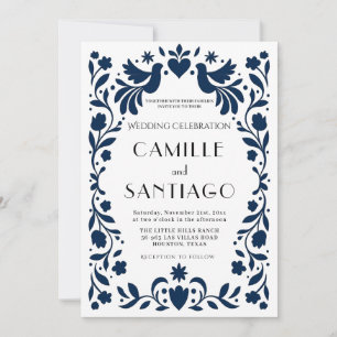 Convite de Casamento Otomi Birds Azul Marinho Folc