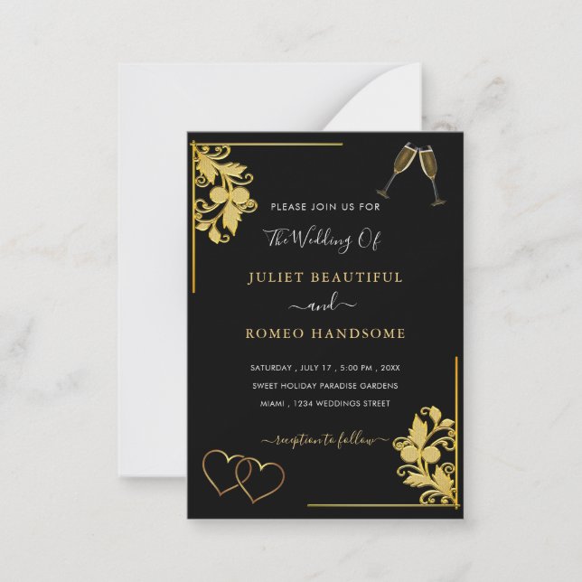 Convite de Casamento Ouro Preto Corações e Champan (Frente)