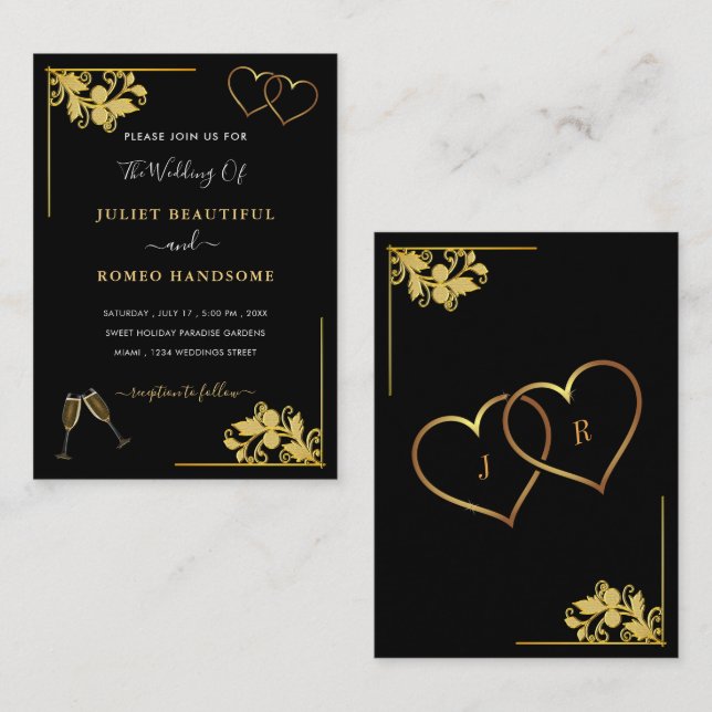 Convite de Casamento Ouro Preto Exemplo com Coraçõ (Frente/Verso)