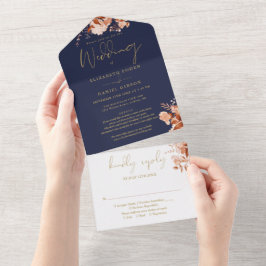 Convite de Casamento Outono Azul Naval Dourado RSV
