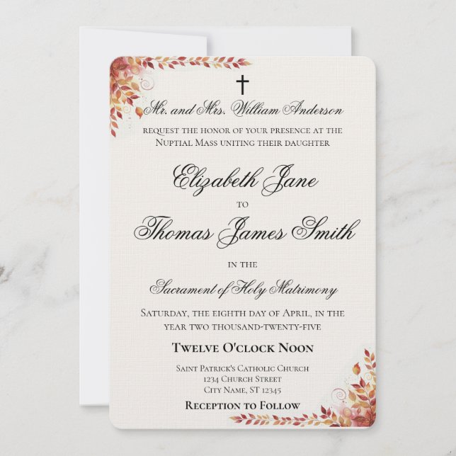 Convite de Casamento Outono Católico Vermelho e Do (Frente)