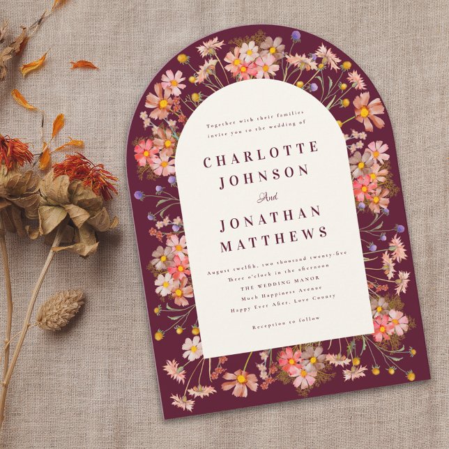 Convite de Casamento Outono com Arco Floral Boho B (Burgundy boho rustic floral arch fall wedding invitation Elegant modern typography watercolor flower)