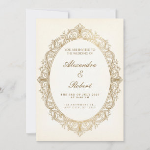 Convite de Casamento Oval Barroco em Fio de Ouro