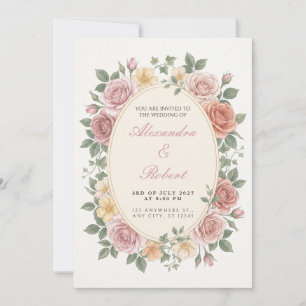 Convite de Casamento Oval Botânico Rosa Rosa