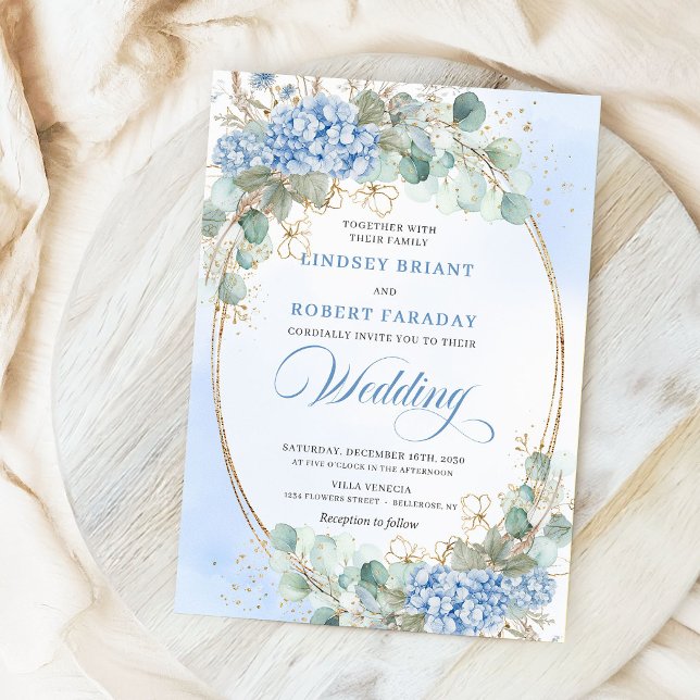 Convite de Casamento Oval Dourado com Hortênsias A (Elegant Blue Hydrangea Gold Oval Wedding Invitation)