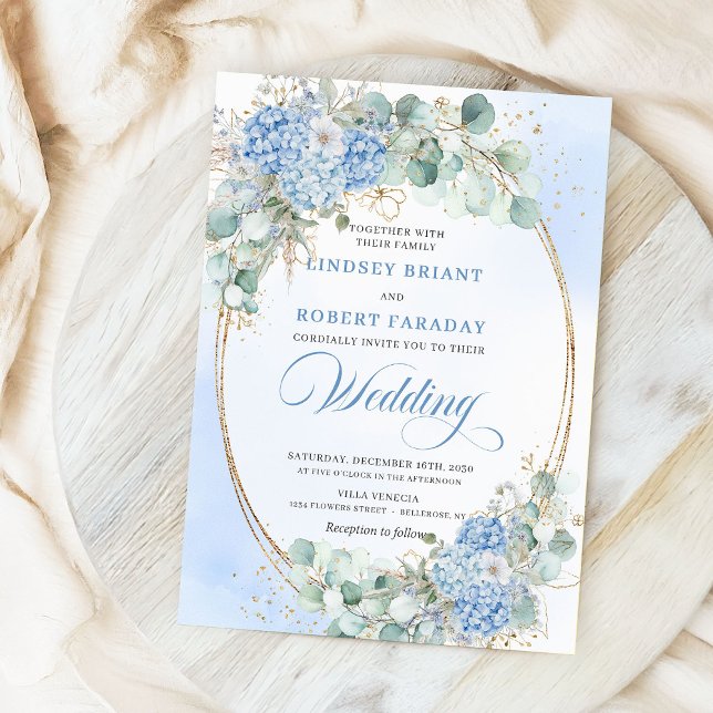 Convite de Casamento Oval Dourado Floral Azul Mode (Modern Blue Floral Gold Oval Wedding Invite)
