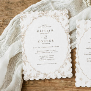 Convite de Casamento Oval em Renda Bege Floral Fra