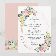 Convite de Casamento Oval Floral Bege Pastel