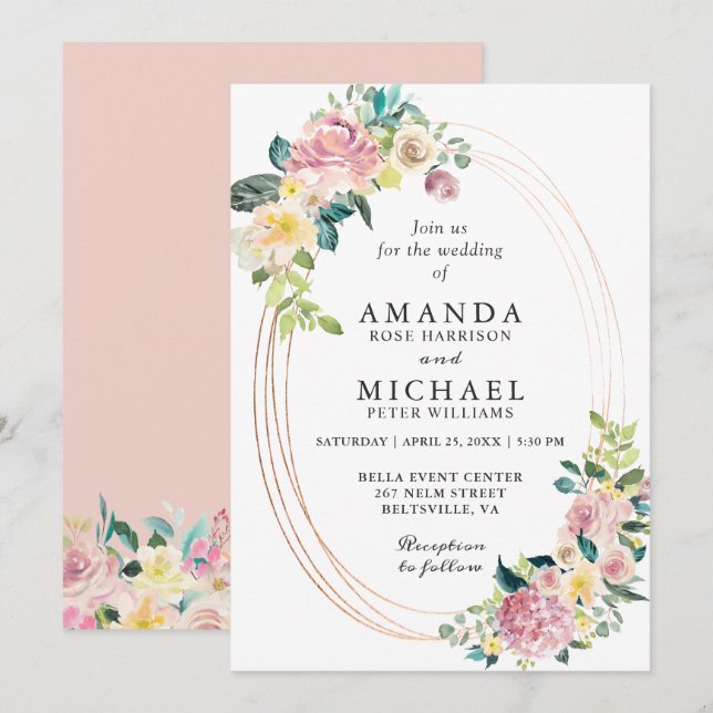 Convite de Casamento Oval Floral Bege Pastel (Frente/Verso)
