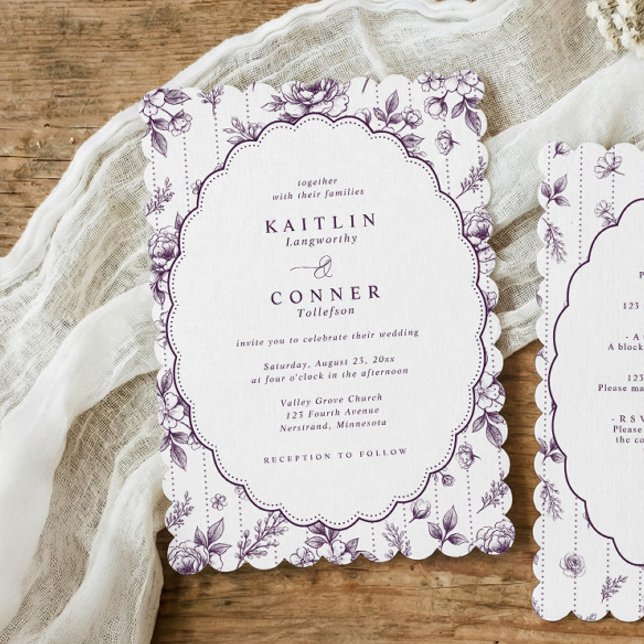 Convite de Casamento Oval Floral Francês Roxo Vint (Eggplant dark purple French floral scalloped all in one wedding invitation.)
