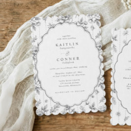 Convite de Casamento Oval Floral Vitoriano em Cinz
