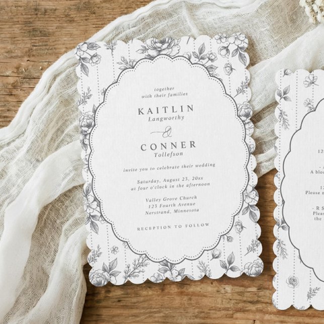 Convite de Casamento Oval Floral Vitoriano em Cinz (Silver gray vintage French floral scalloped all in one wedding invitation.)
