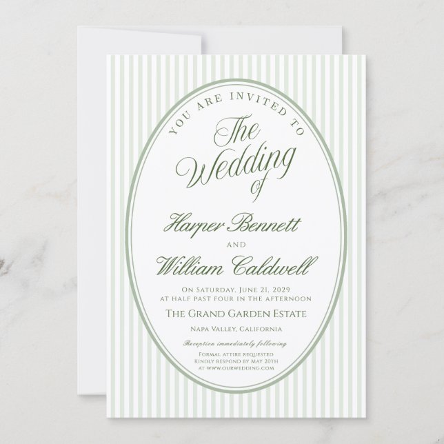 Convite de Casamento Oval Listrado em Verde Sage (Frente)