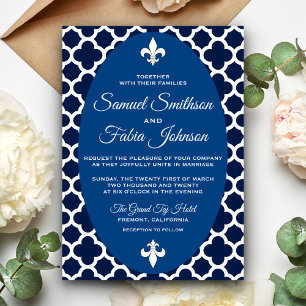 Convite de Casamento Oval Quatrefoil Azul Elegante