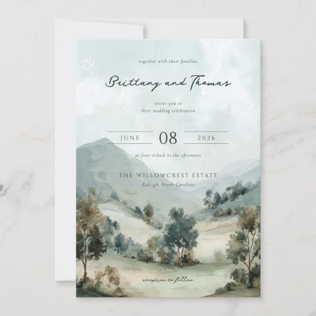 Convite de Casamento Paisagem Serena em Aquarela (Frente)