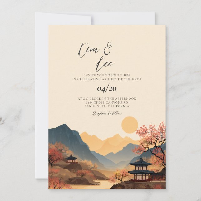Convite de Casamento Paisagem Tradicional Coreana (Frente)