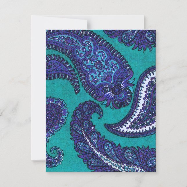 Convite de Casamento Paisley Azul e Água RSVP (Frente)