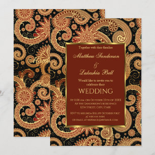 Convite de Casamento Paisley Burgundy Dourado Pret